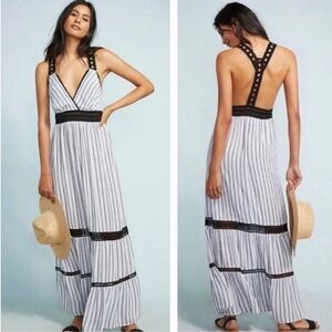 Anthropologie Black & White Striped Maxi Dress with Crochet Trim